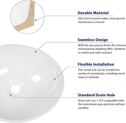Sarlai Oval Vessel Sink - 16"x13" Bathroom Sink Oval Shape Above Counter White Porcelain Ceramic Bathroom Vessel Vanity Sink Art Basin