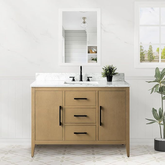 HomeBeyond 48 Inch Bathroom Vanity with Sink & Ceramic Top, Single Vanity Cabinet with Basin, Soft-Closing Doors & Matte Black Hardware, Natural Oak