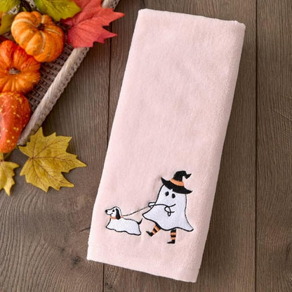 SKL Home Halloween Ghost Walking Dog Hand Towel Set-2pc, 100% Cotton, Pink | Soft, embroidered velour. Great for the bathroom, kitchen or bar & gifting.