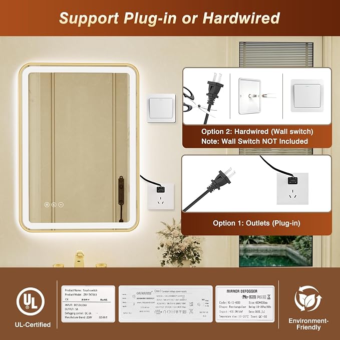 20x28 Inch Gold Framed LED Bathroom Mirror with Lights, Built-in Bluetooth Speaker, Dimmable Lighted Bathroom Vanity Mirror with 3 Colors, Backlit + Frontlit, Memory, Anti-Fog