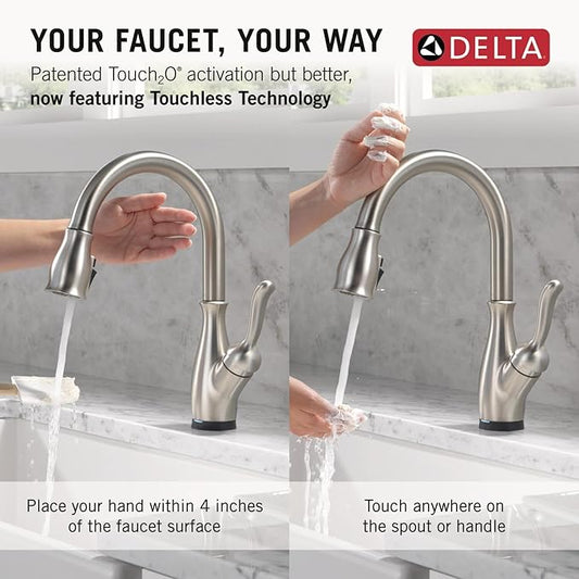 Delta Leland Touchless Kitchen Faucet with Touch Technology, Brushed Nickel Kitchen Sink Faucet with Pull Down Sprayer, Single Hole, SpotShield Stainless 9178TL-SP-DST