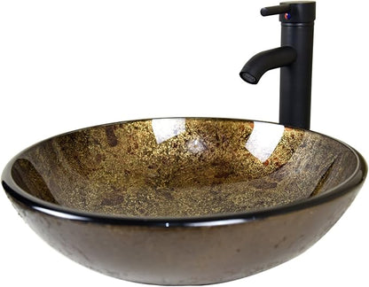 Bathroom Luxury Elegant Tempered Round Artistic Solid Glass Vessel Sink with Oil Rubbed Bronze Faucet & Pop-Up Drain Combo
