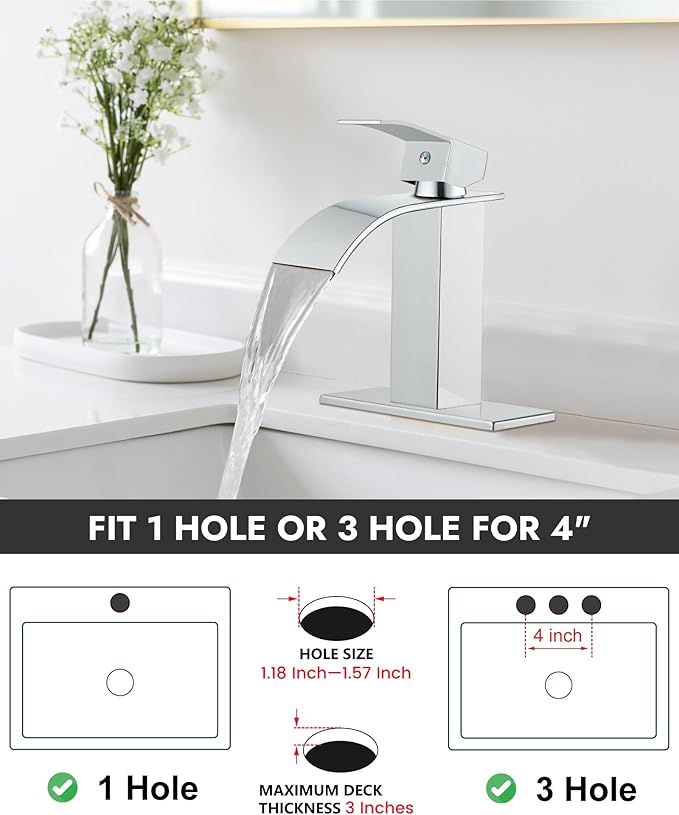Midanya Waterfall Spout Bathroom Faucet Single Handle 1 Hole Bathroom Sink Faucet,Modern RV Lavatory Vanity Basin Tap with Water Hose,No Drain,Short Body,Polish Chrome