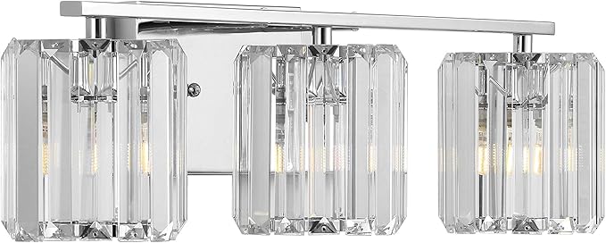 JONATHAN Y 4.75" Chrome 3-Light Vintage Glam LED Vanity Light Wall Sconce Fixture with Clear Crystal Prism Shade, Hardwired Wall Lamp for Bathroom Mirror Hallway, LED Bulb Included (JYL3554A)