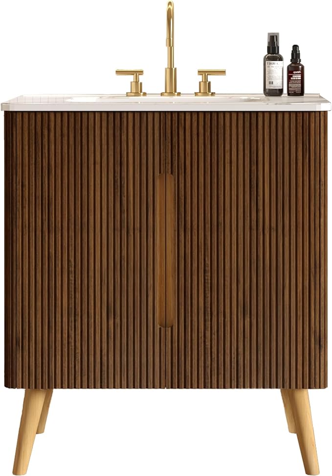 30" Modern Bathroom Vanity with Sink, Mid Century Modern Walnut Bathroom Cabinet with Carrara Marble Finish Sink, Doors, Large Storage with Adjustable Shelf