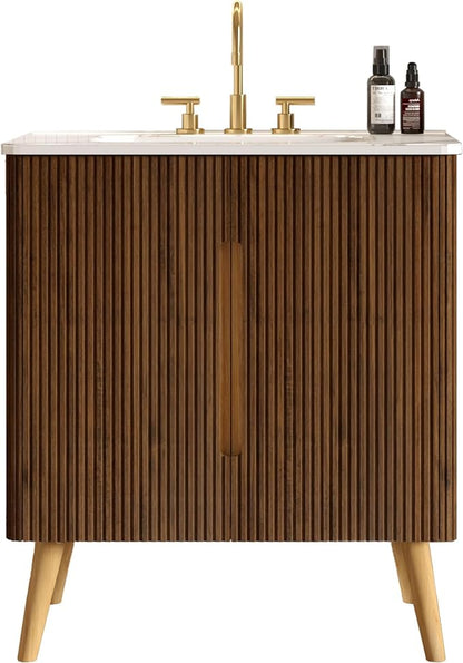 30" Modern Bathroom Vanity with Sink, Mid Century Modern Walnut Bathroom Cabinet with Carrara Marble Finish Sink, Doors, Large Storage with Adjustable Shelf