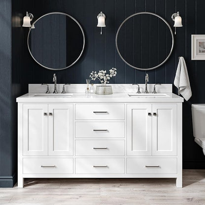 ARIEL Cambridge 66-inch Bathroom Vanity with Sink,Solid Wood, 1.5-inch Pure White Quartz Countertop & Backsplash, Double Rectangular Porcelain Sink, 4 Soft Closing Doors, 6 Dovetail Drawers, White
