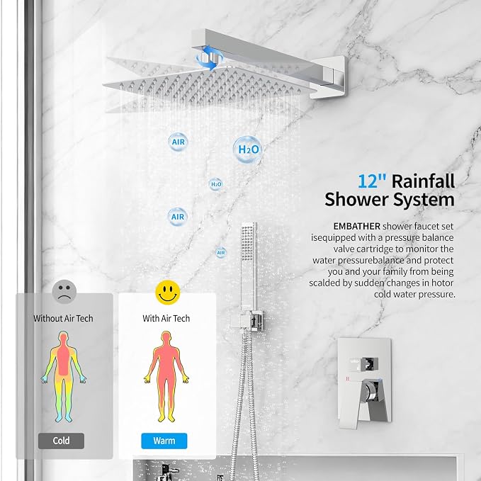 EMBATHER Shower System Chrome Shower Faucet Sets with 12" Rain Shower Head For Bathroom, Wall Mounted Square Shower Combo Set With Adjustable Handheld Bracket (Contain Rough-in Valve & Trim)