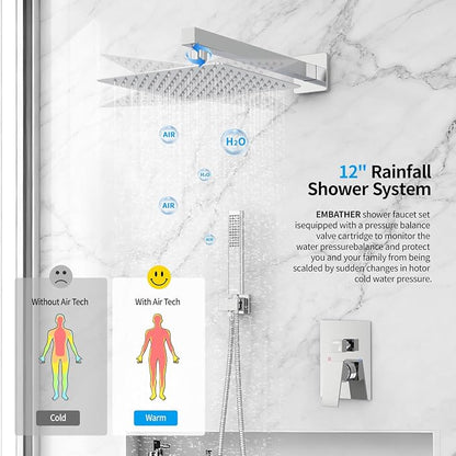 EMBATHER Shower System Chrome Shower Faucet Sets with 12" Rain Shower Head For Bathroom, Wall Mounted Square Shower Combo Set With Adjustable Handheld Bracket (Contain Rough-in Valve & Trim)