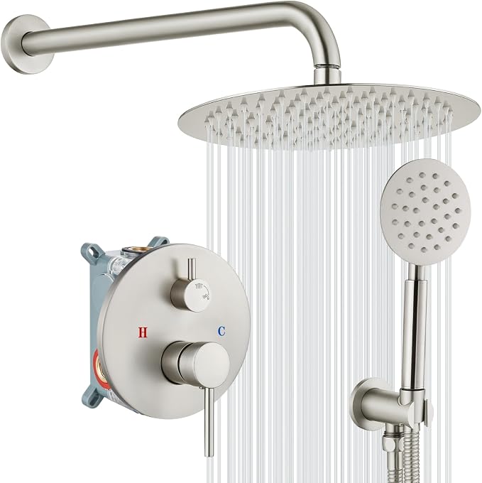 gotonovo High Pressure Shower System Valve and Trim Kit,Brushed Nickel | Round Rain 10 Inch Shower Head with Handheld Faucet Set Complete,Rough In Valve,2-in-1 Diverter,All Metal,Bathroom Wall Mount