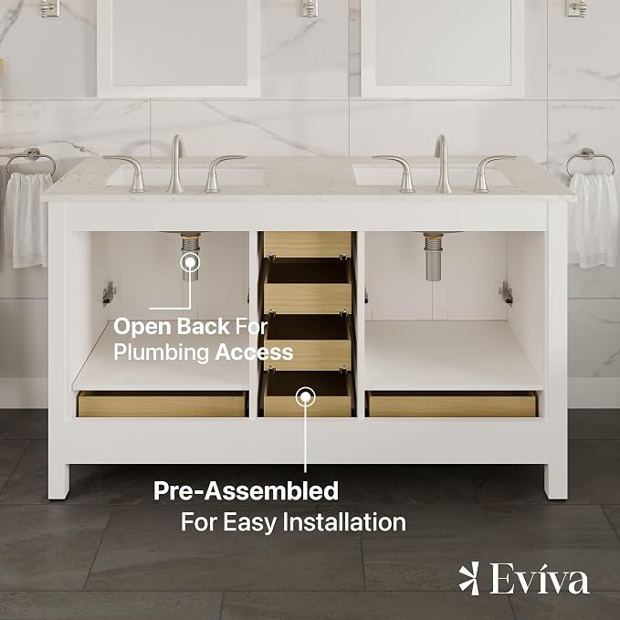 Aberdeen 60 in. White Double Sink Bath Vanity with Carrara Quartz Top and Undermount Porcelain Sinks