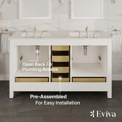 Aberdeen 60 in. White Double Sink Bath Vanity with Carrara Quartz Top and Undermount Porcelain Sinks