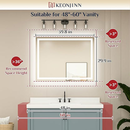 Keonjinn LED Mirror for Bathroom 40 x 30 Inch, Frontlit & Backlit Bathroom Vanity Mirror with 3 Color Lights, Lighted Bathroom Mirror with Anti-Fog, HD Tempered Glass, UL-Listed LED Driver, CRI90+