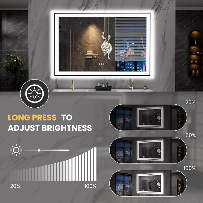 LOAAO 55"X36" LED Bathroom Mirror Black Framed | Anti-Fog, Dimmable, Memory Function, Tempered Glass, Lighted Vanity Mirror for Wall