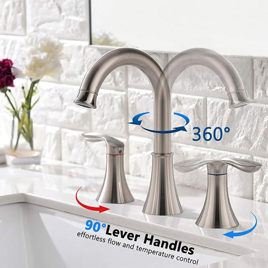 Friho Brushed Nickel Bathroom Faucet 3 Hole, Widespread 8 Inch 2 Handle Vanity Sink Faucet Set with Swivel Spout, Pop Up Drain and Water Supply Hoses