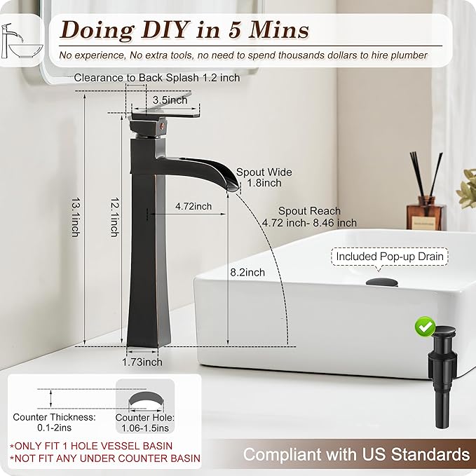 Bronze Waterfall Vessel Sink Faucet, Brass 12 Inch Tall Bathroom Faucets Single Hole Single Handle for Bathroom Bowl Sink with Pop-up Drain & Hoses for Vanity Countertop Modern Farmhouse