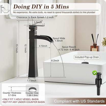 Bronze Waterfall Vessel Sink Faucet, Brass 12 Inch Tall Bathroom Faucets Single Hole Single Handle for Bathroom Bowl Sink with Pop-up Drain & Hoses for Vanity Countertop Modern Farmhouse