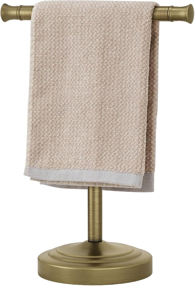 RUMOSE Antique Brass Hand Towel Holder Stand Countertop Towel Rack | 13 Inch Bathroom Kitchen Vanity T-Shape Towel Stand Free Standing Stainless Steel Towel Bar Towel Ring