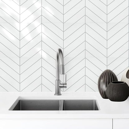 STICKGOO Herringbone Peel and Stick Backsplash, White/Grey Grout, 10 Sheets | 12.6 x 9.7 in, Thicker Rectangular Vinyl Stick-On Wall Tiles, Easy Alignment, Waterproof, Easy to Clean, Kitchen/Bathroom
