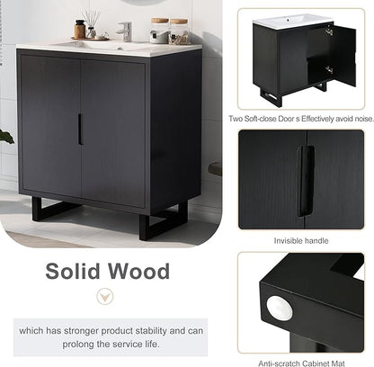 Favfurish 30" Bathroom Vanity with Resin Sink,Undermount Single Basin Bath Vanity Set w/2 Soft Closing Doors,Transitional Freestanding Storage Cabinet,Solid Wood Frame,Black