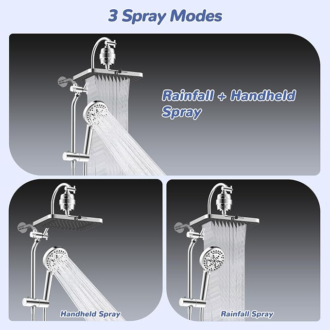 Hibbent 5-spray Filtered Rainfall Shower Head Combo, High Pressure 13'' Showerhead with 10 Spray Modes Handheld, All Metal 3 way Diverter Shower Arm, 71'' Hose and Holder, Chrome