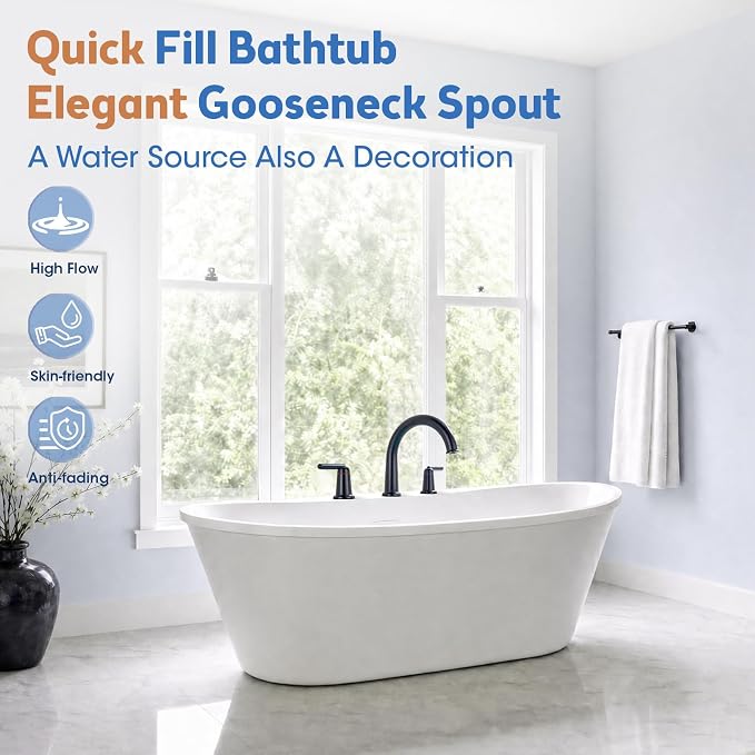 Roman Tub Faucet 3 Hole Deck Mount Tub Filler High Flow Matte Black | With Ceramic Valve, Solid Brass, High Arch Bathtub Faucet, 2-Handle Design, Widespread Mount, Garden Bath Tub Faucet