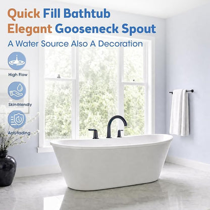 Roman Tub Faucet 3 Hole Deck Mount Tub Filler High Flow Matte Black | With Ceramic Valve, Solid Brass, High Arch Bathtub Faucet, 2-Handle Design, Widespread Mount, Garden Bath Tub Faucet