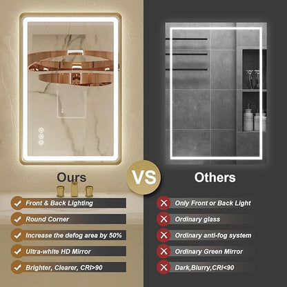 24x36 Inch LED Bathroom Mirror with Gold Metal Frame, Front and Backlit Vanity Mirror, Stepless Dimmable Wall Mirrors with Anti-Fog, 3 Colors, Memory Function, Waterproof, LED Smart Bathroom Mirror