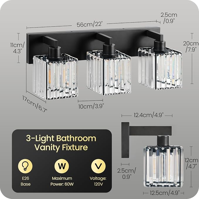 Modern Crystal Vanity Light, 3-Light Bathroom Light Fixture, 22" Square Vanity Lighting Fixture, E26 Base, Bulbs Not Included, for Bathroom,Vanity Light Over Mirror, Hallway,Black B06BD05W1