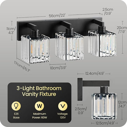 Modern Crystal Vanity Light, 3-Light Bathroom Light Fixture, 22" Square Vanity Lighting Fixture, E26 Base, Bulbs Not Included, for Bathroom,Vanity Light Over Mirror, Hallway,Black B06BD05W1