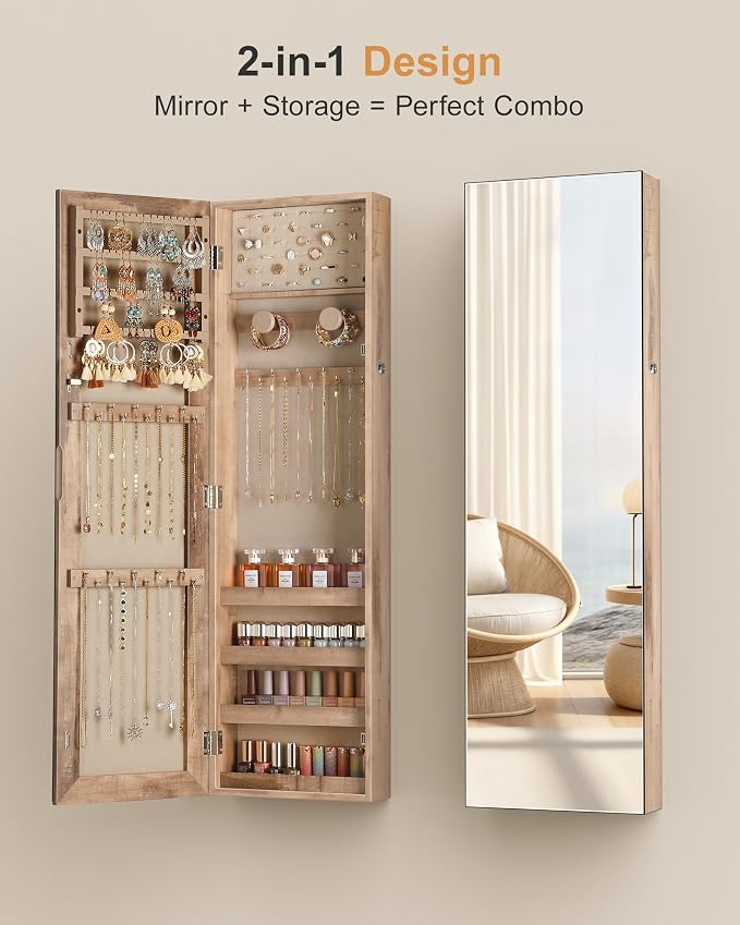Nicetree Mirror Jewelry Cabinet, Full Length Mirror, Wall Mounted, Oak | Lockable Jewelry Armoire Organizer, Hanging Mirror with Jewelry Storage, Velvet Interior, Gift Idea,Easy Assembly