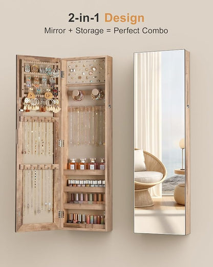 Nicetree Mirror Jewelry Cabinet, Full Length Mirror, Wall Mounted, Oak | Lockable Jewelry Armoire Organizer, Hanging Mirror with Jewelry Storage, Velvet Interior, Gift Idea,Easy Assembly