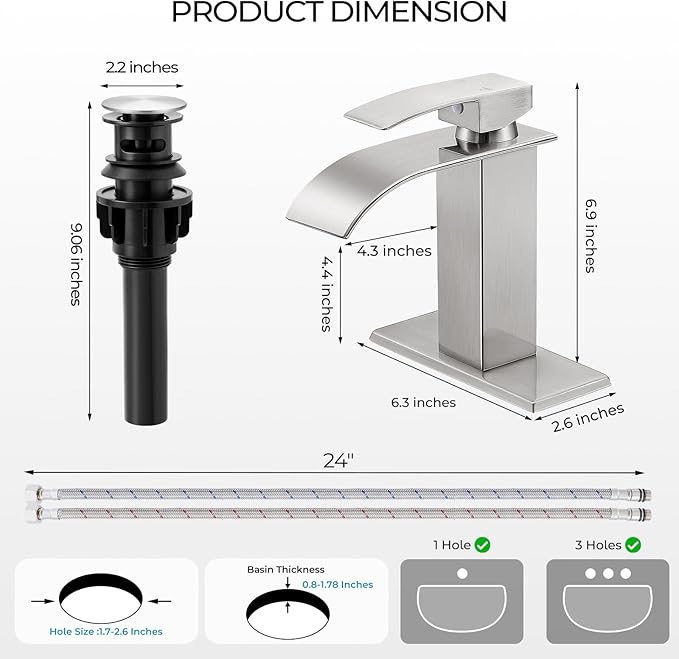 Brushed Nickel Bathroom Faucets, Waterfall Bathroom Sink Faucet Single Handle Bathroom Faucet for 1 or 3 Hole, Mixer Tap Vanity Faucet with Deck Plate, Pop-up Drain and Supply Hoses