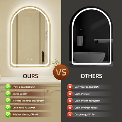 26x40 Inch Arched Gold Aluminum Frame LED Bathroom Mirror with Lights, Lighted Vanity Mirror for Wall,Tempered Glass,Anti-Fog, Stepless Dimmable, 3 Color Temperature Vanity Mirror