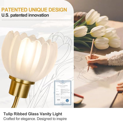 2-Light Bathroom Vanity Light, Brushed Gold Bathroom Light Fixtures with Ribbed Frosted Clear Tulip Glass Shades, Vanity Light Fixtures Over Mirror for Bedroom, Living Room, Hallway