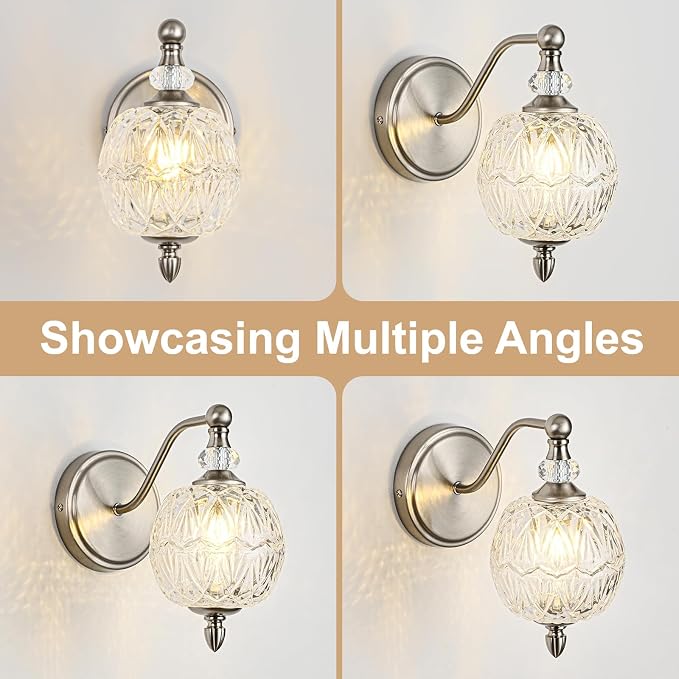 1 Piece Brushed Nickel Wall Sconce, 1-Light Mid Century Modern Brushed Nickel Finish Wall Sconce with Globe Glass Shade, Modern Light for Bathroom, Bedroom, Living Room,Powder Room