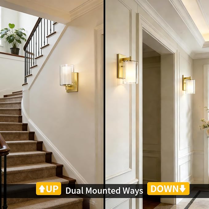 Wall Sconces Set of Two, Modern Gold Vanity Wall Lights | Double Clear Glass Shades With E26 Base, Farmhouse Wall Lights For Bathroom, Bedroom, Living Room, Mirror And Hallway.