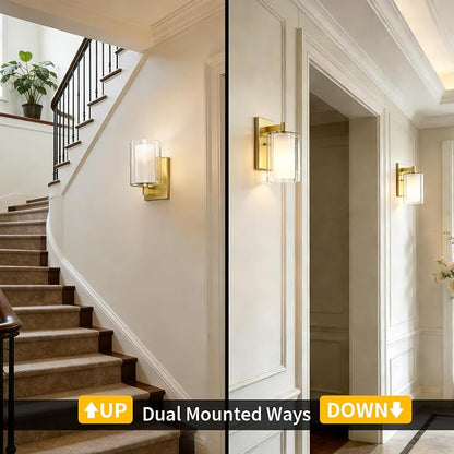Wall Sconces Set of Two, Modern Gold Vanity Wall Lights | Double Clear Glass Shades With E26 Base, Farmhouse Wall Lights For Bathroom, Bedroom, Living Room, Mirror And Hallway.
