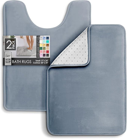 Clara Clark 2 Piece Bathroom Rugs, Velvet Memory Foam Bath Mat Set, Non-Slip Bath Rugs, Machine Wash, Dries Quickly, Ultra Soft Plush Bath Mats for Bathroom, 17 x 24 + Contour, Stone Blue
