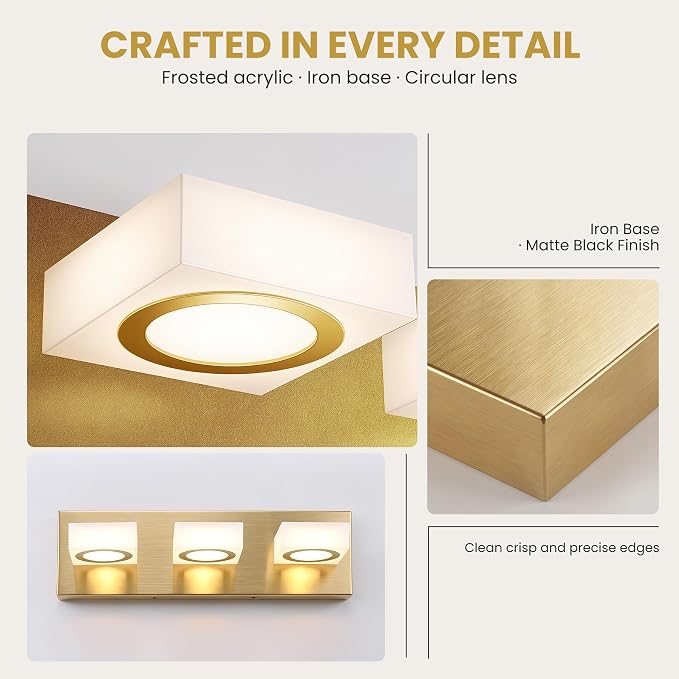 Bathroom Vanity Light, 3-Light 16 Inch Brushed Gold 5CCT 2700-6500K LED Bathroom Light Fixtures Over Mirror, Vanity Lighting Modern Bath Wall Sconce for Mirror Bedroom Living Room