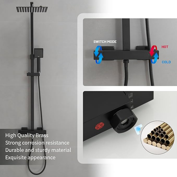 BWE Black Outdoor Shower Fixtures 10 Inch Rain Shower Head with Handheld Spray Dual Functions Exposed Shower System Wall Mount Outdoor Shower Kit for Bathroom or Backyard