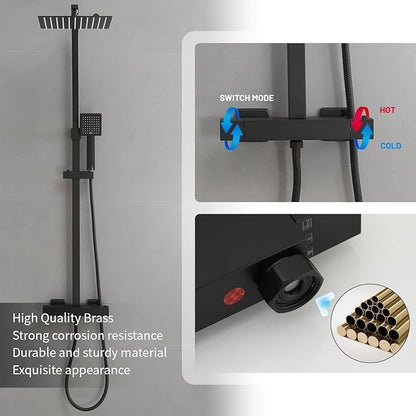 BWE Black Outdoor Shower Fixtures 10 Inch Rain Shower Head with Handheld Spray Dual Functions Exposed Shower System Wall Mount Outdoor Shower Kit for Bathroom or Backyard