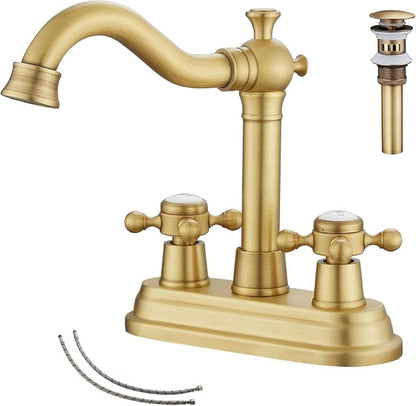 Bathroom Faucet Antique Brass 2 Handles 4 Inches Centerset Bathroom Vanity with Drain Assembly and Supply Hose Lavatory Faucet