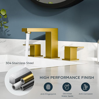 FORIOUS Brushed Gold Bathroom Faucet 3 Hole, 8 Inch Widespread Square Bathroom Sink Faucet with Metal Pop-Up Drain and cUPC Supply Lines Included for Restroom, Lavatory, Basin, Restroom and Mall