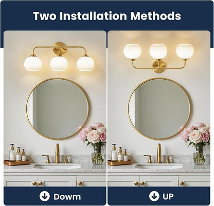RUIYEY Bathroom Vanity Light Fixtures: 3-Lights Lantern Gold Vanity Lights for Bathroom, 23.6 Inch E26 60W Modern Bathroom Lighting Fixture with Milky White Glass for Bath Restroom