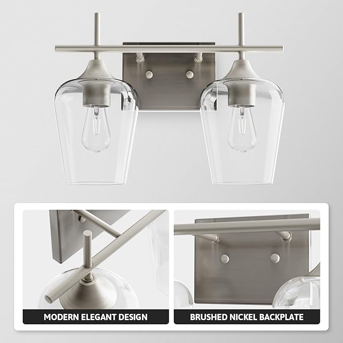 VONLUCE Bathroom Vanity Light, 2 Light Bathroom Light Fixture Over Mirror, Bathroom Wall Lamp with Clear Glass, Modern Brushed Nickel Vanity Lighting fixtures for Bathroom, Bedroom, Hallway