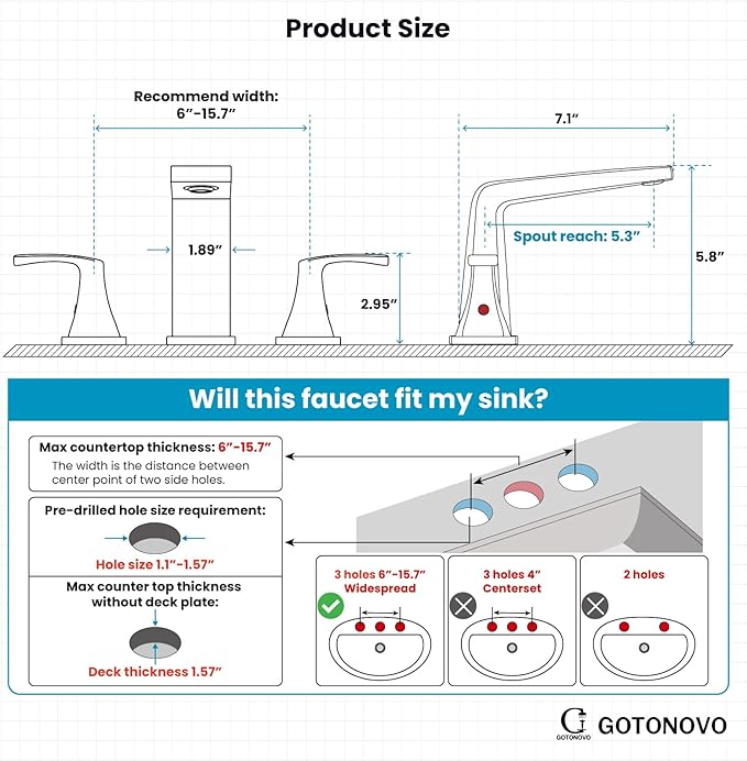 gotonovo Bathroom Sink Faucet 3 Holes 2 Handles Widespread 8 Inch Bathroom Faucet with Pop Up Drain Hot Cold Water Supply Lines Lavatory Vanity Mixer Tap, Thin Style, Matte Black