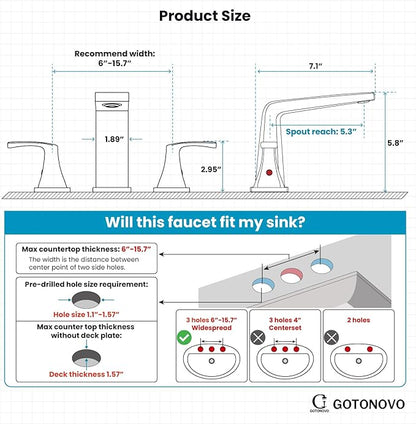 gotonovo Bathroom Sink Faucet 3 Holes 2 Handles Widespread 8 Inch Bathroom Faucet with Pop Up Drain Hot Cold Water Supply Lines Lavatory Vanity Mixer Tap, Thin Style, Matte Black