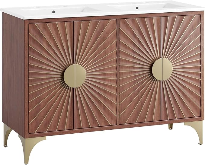Modway Daylight Bathroom Vanity Cabinet with Ceramic Basin, 48" Double Sink, White Walnut