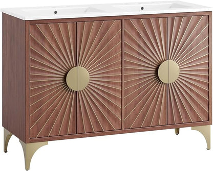 Modway Daylight Bathroom Vanity Cabinet with Ceramic Basin, 48" Double Sink, White Walnut
